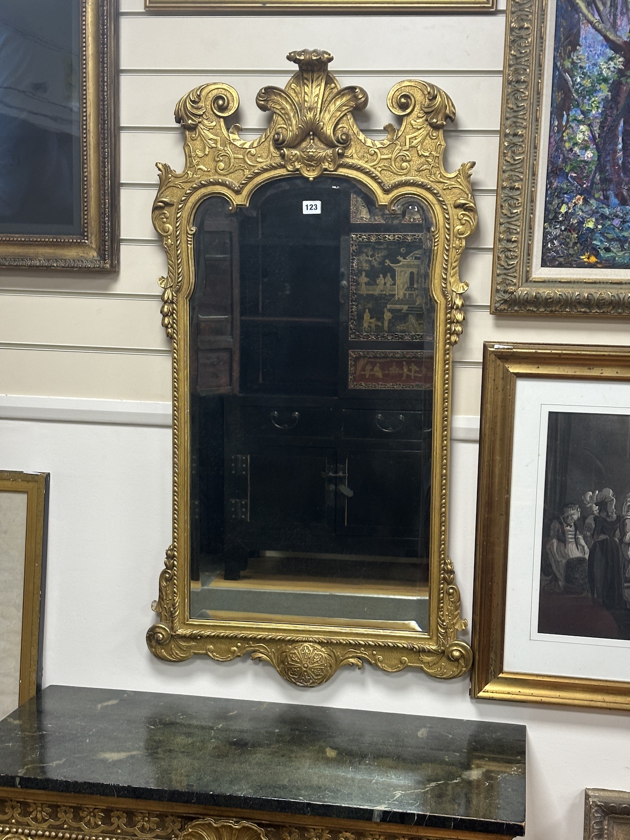A George II style giltwood pier table, width 91cm, depth 45cm, height 79cm and a similar pier glass, width 61cm, height 115cm